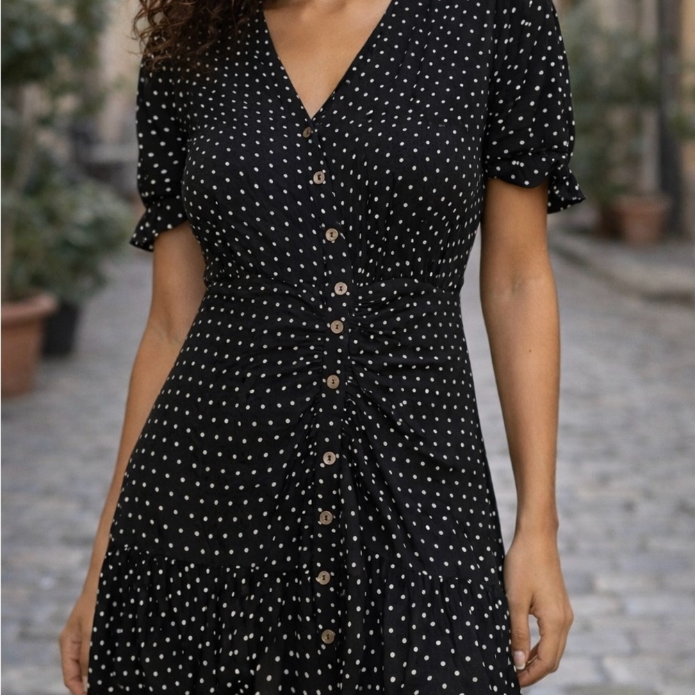 Free People Black White Polka Dot Dress Ruffle Hem Boho Mini Button Office Sm